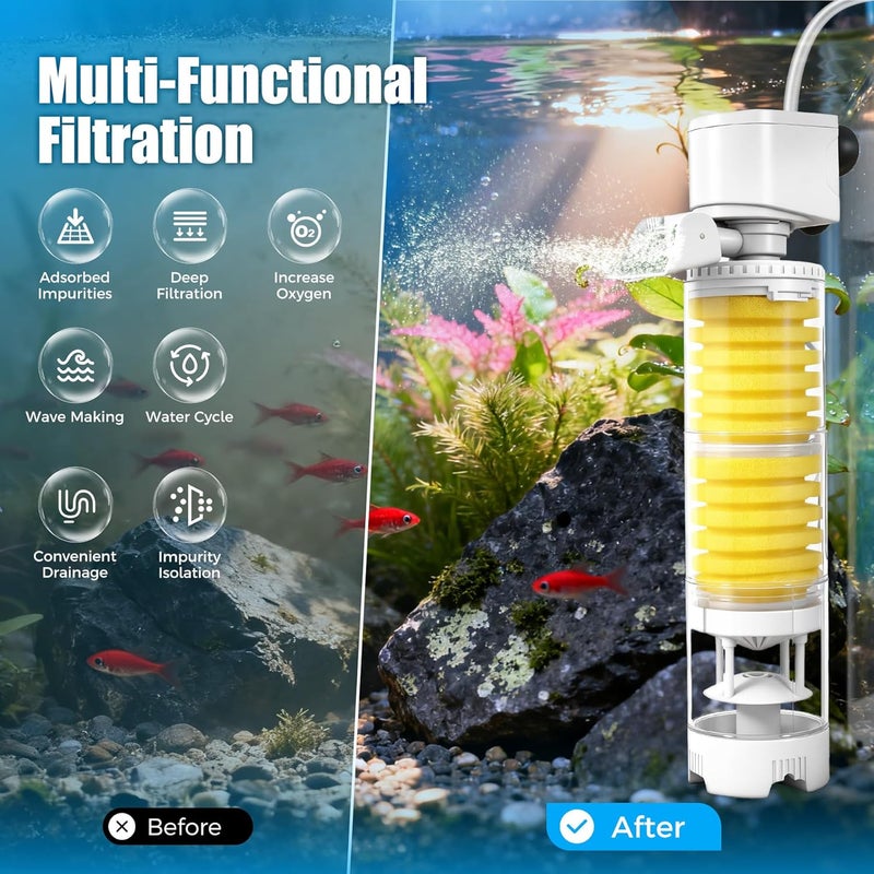Vehipa Fish Tank Filters, 4-in-1 Aquarium Filter for Multi-Layer Filtration, Adjustable Oxygenation & Wavemaker, Ultra-Quiet Water Circulation for 40-70 Gallon Aquariums, 225GPH - Image 2